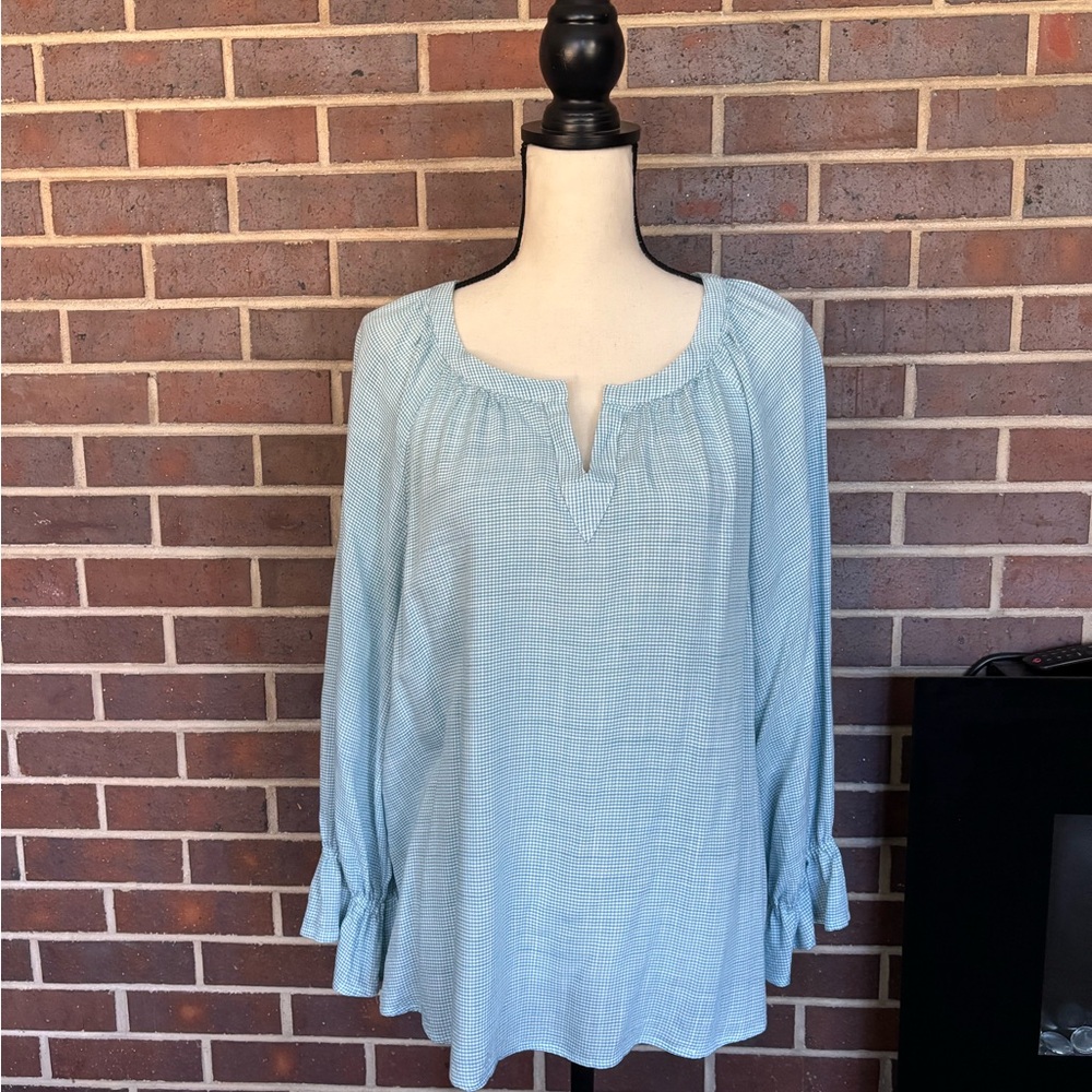 Tommy Bahama Montauk Light Blue Aqua Gingham Blouse Top Sz L Like New - Picture 2 of 7
